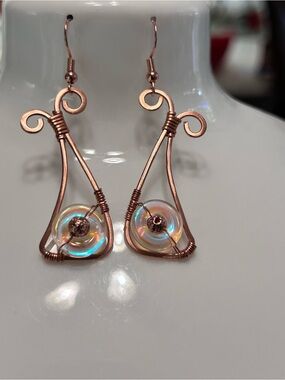 Copper Wire Wrapped Iridescent Glass Drop Earrings -